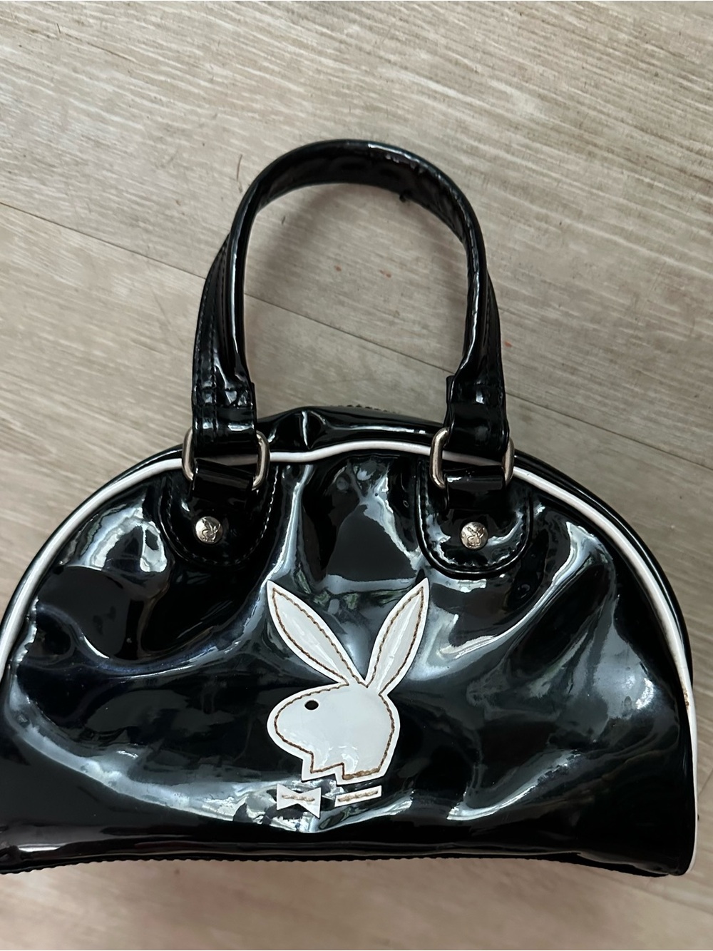PLAYBOY Black Patent Leather Bowling Bag with White Playboy Bunny stitched on